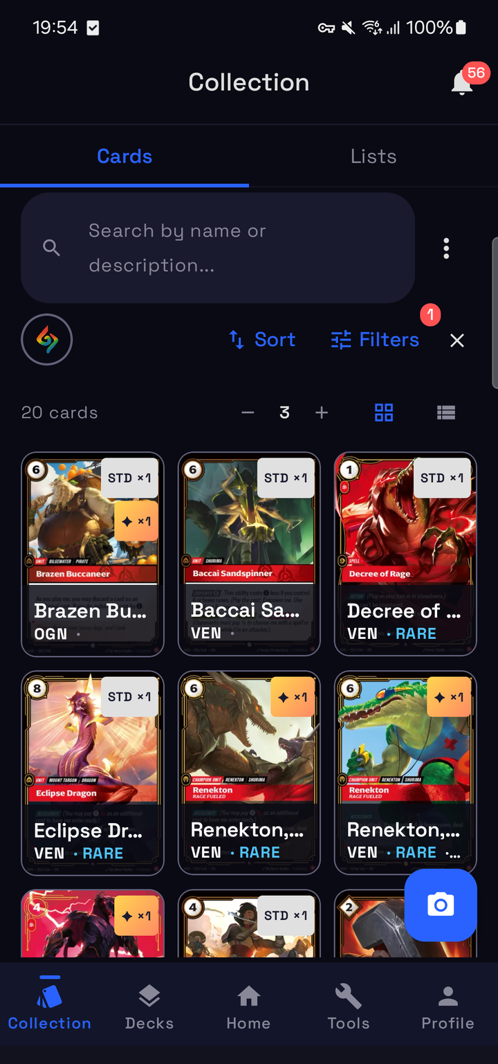 Collection grid filtered to owned cards, with per-variant counts
