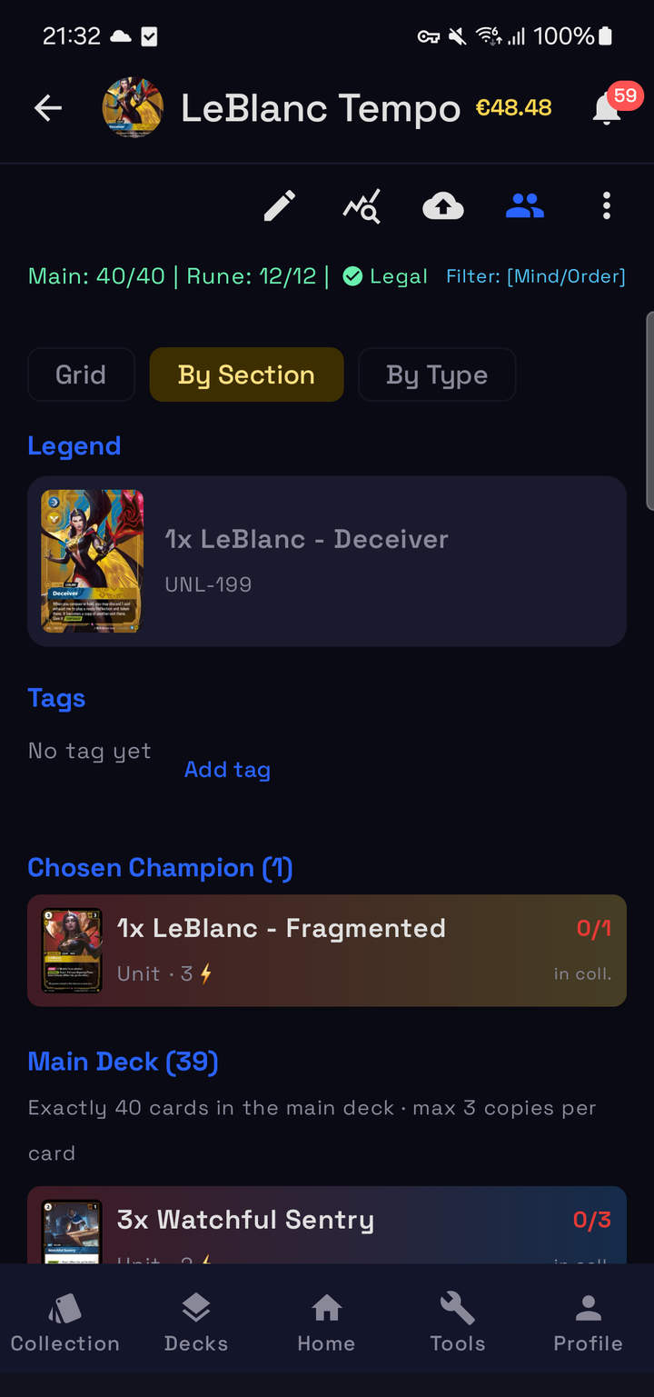Deck view with price estimate, legality check and owned copies per card