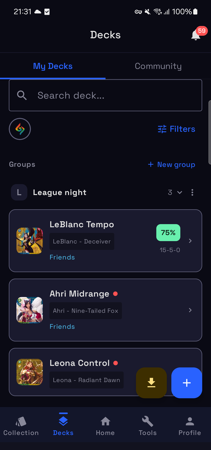 The deck list with a group at the top, each deck showing its legend, win rate and record