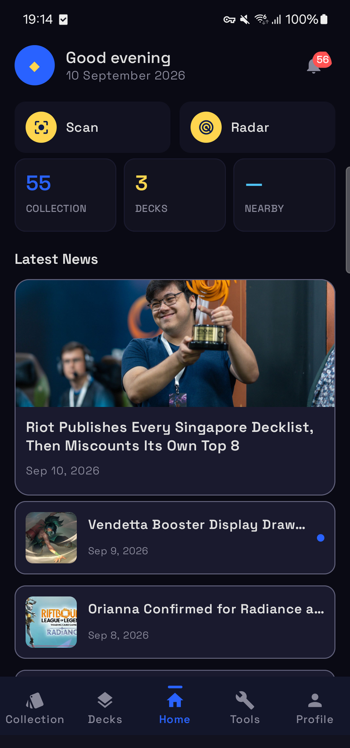 The RiftSeeker home screen with quick Scan and Radar actions and Riftbound news