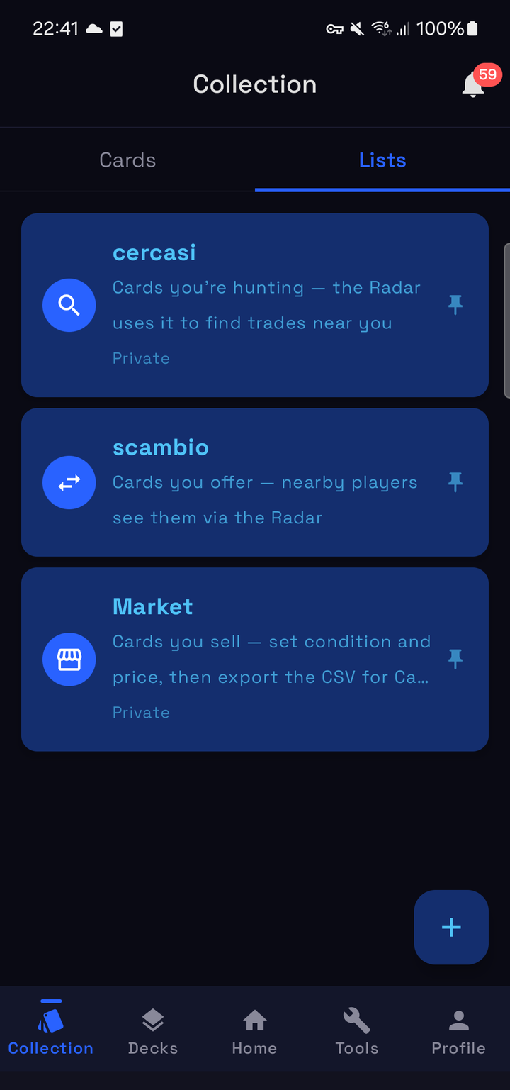 The lists tab with the three built-in lists — wanted, for trade and market — each saying what it is for