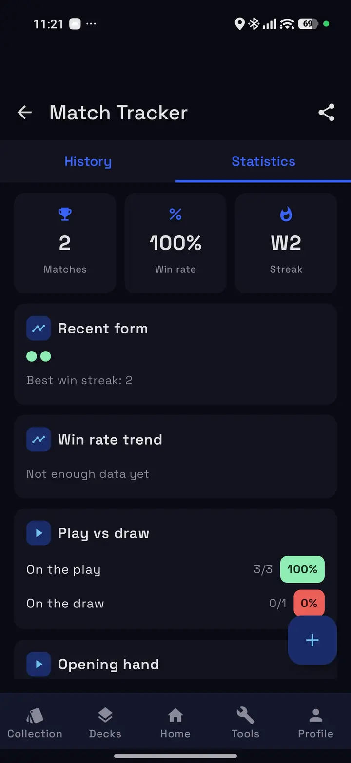 Match statistics with win rate, streak and play vs draw