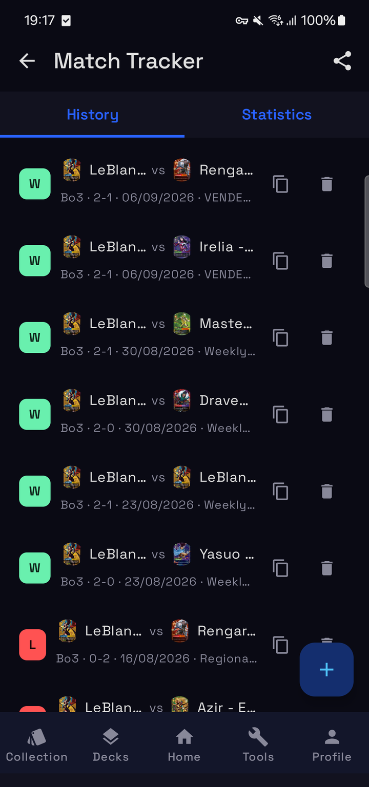 Match history: each row shows the result, both legends, the game score, the date and the event
