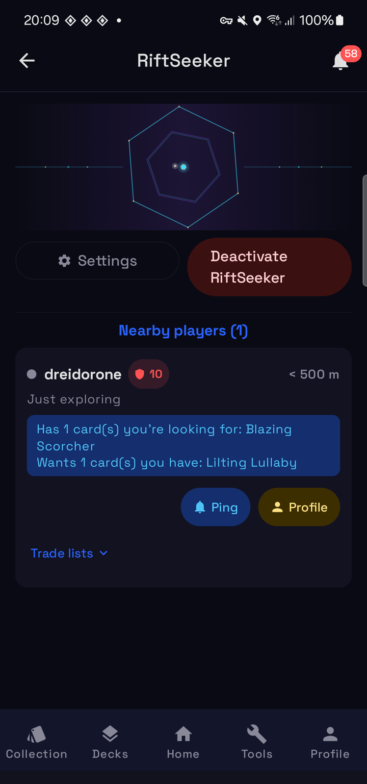 Radar active, showing one nearby player under 500 m with a wishlist match on both sides