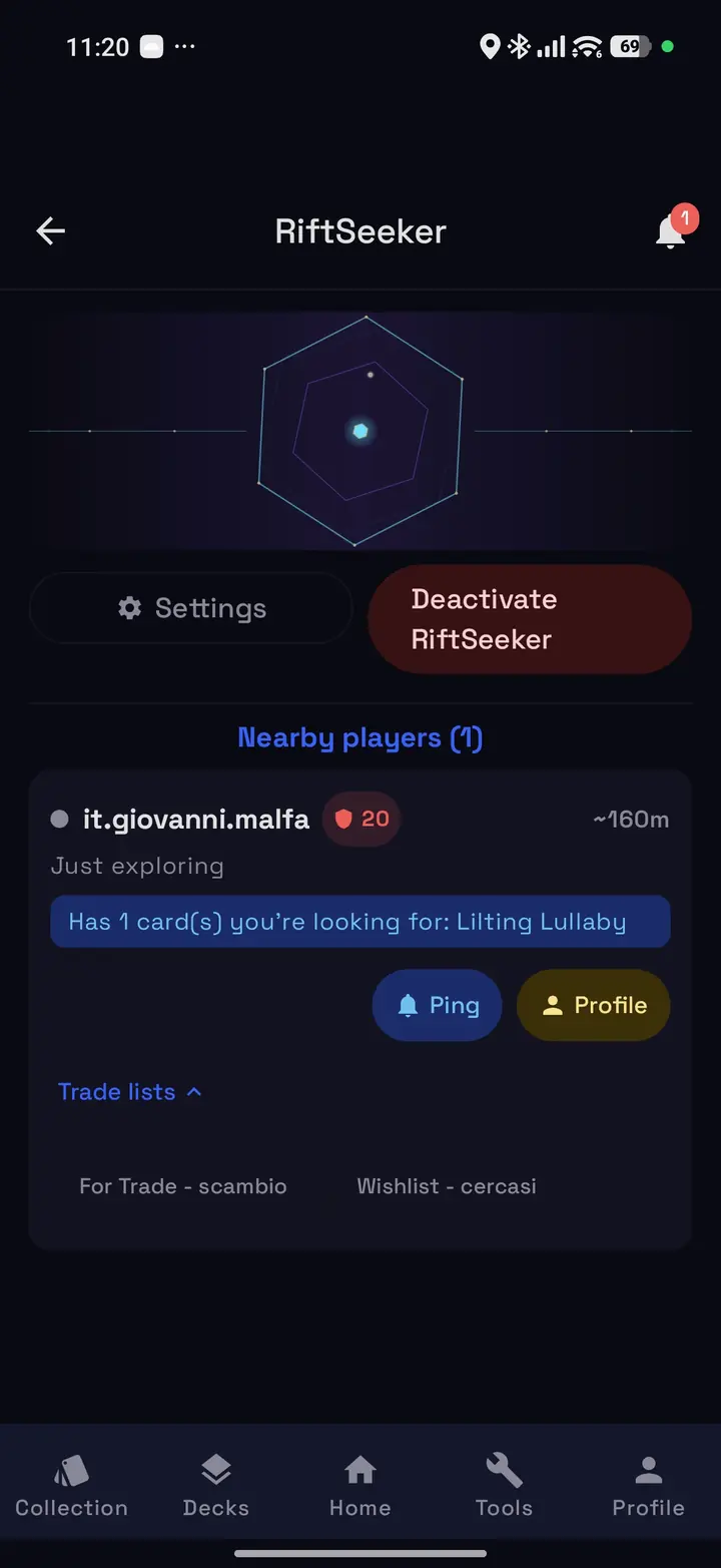 Radar active showing a nearby player with a wishlist match