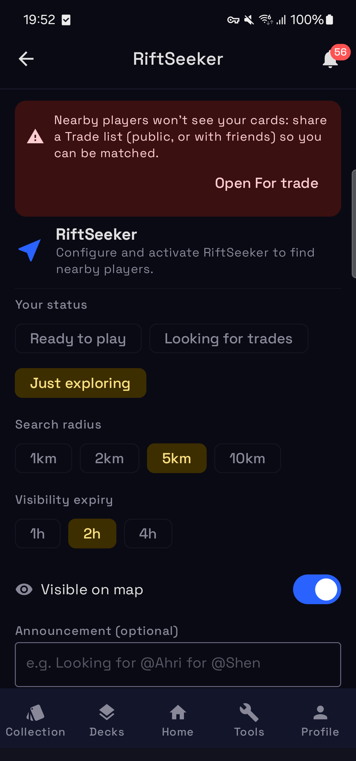 Radar settings: status, search radius, visibility expiry and an optional announcement