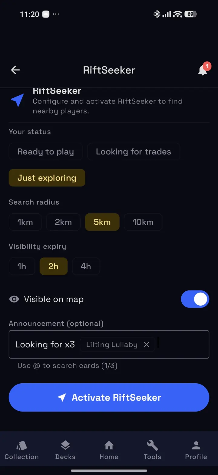 Radar setup: status, search radius, visibility expiry and announcement