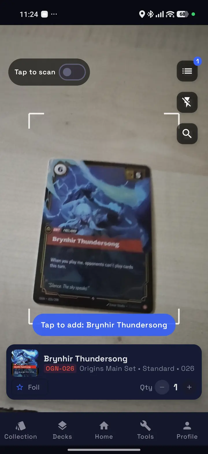 RiftSeeker live card scanner recognizing a Riftbound card