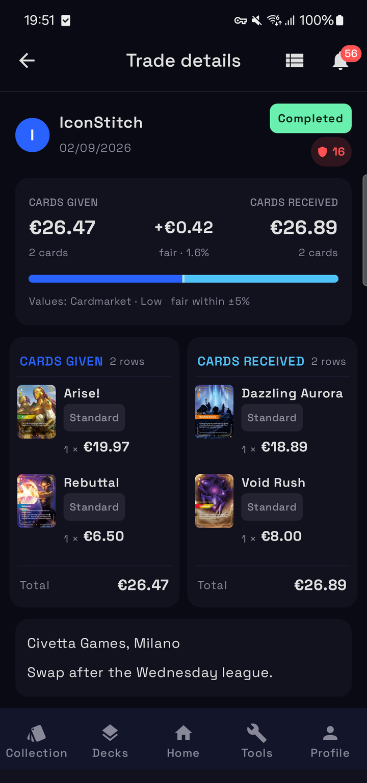 Trade details: cards given and received, totals, fairness percentage and the balance bar