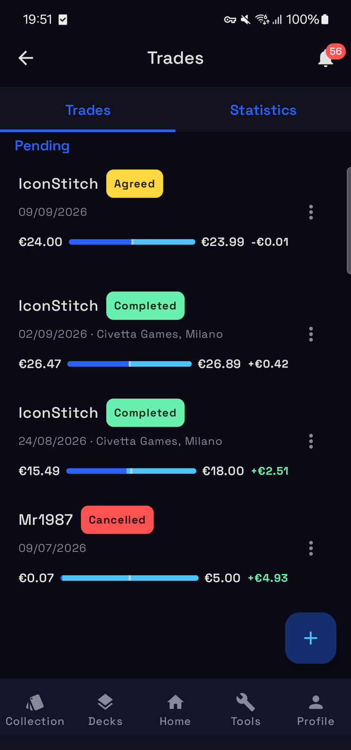 The RiftSeeker trade list: each row shows value given, value received and the difference
