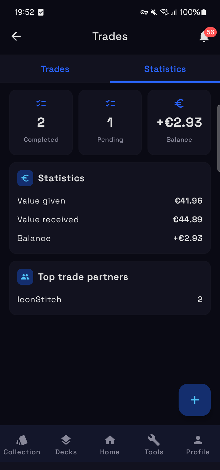 Trade statistics: completed and pending counts, value given, value received and the balance